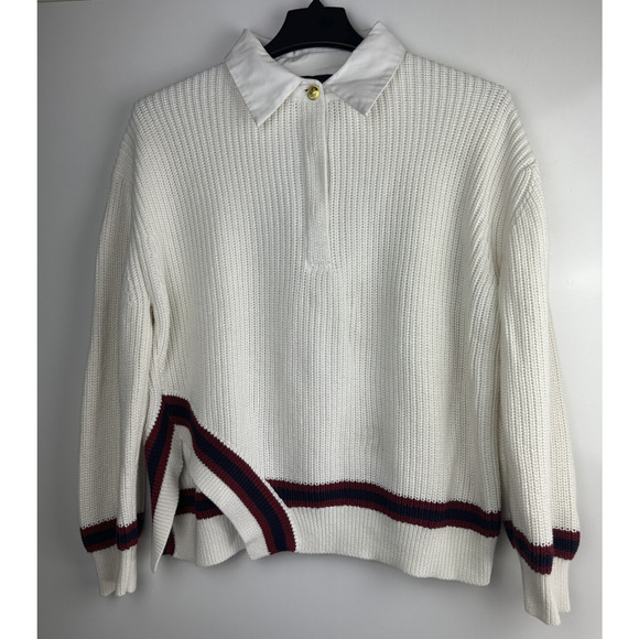 Carbon38 Mixed Media Rugby Collared Sweater Ribbed Thick Knit Ivory Size Large - Picture 3 of 13